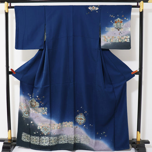 訪問着 リサイクル 身丈162.8cm 裄62.6cm 袷 金彩加工 鳥柄 華文 ブルー Lサイズ セミフォーマル 正絹 広衿 Sランク
