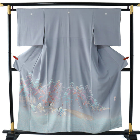 色留袖 リサイクル 身丈152.5cm 裄62cm 袷 童柄 松林柄 地引網風景 比翼付き グレー Sサイズ セミフォーマル 落款 三つ紋 正絹 広衿 Aランク