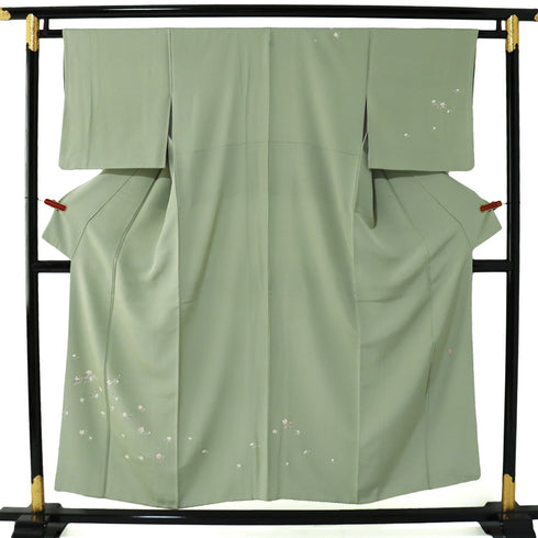 訪問着 リサイクル 身丈150.5cm 裄62.4cm 袷 小花柄 グリーン Sサイズ セミフォーマル お洒落 一つ紋 正絹 広衿 Aランク