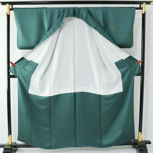 訪問着 リサイクル 身丈156.5cm 裄64.8cm 袷 箔 花や菱型模様 刺繍 グリーン Mサイズ お洒落 正絹 広衿 Aランク