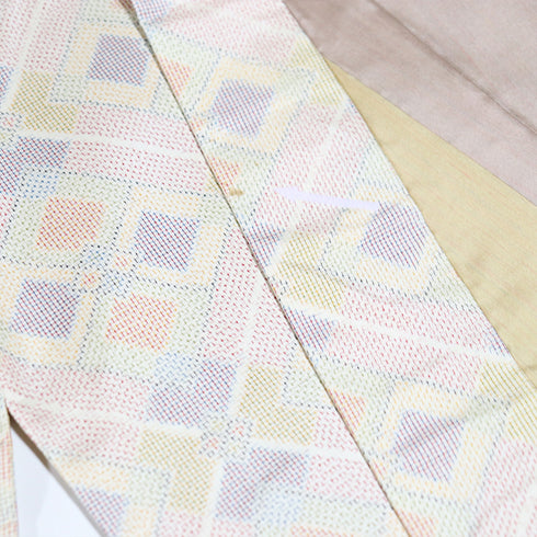 道中着 リサイクル 身丈98.8cm 裄68.6cm 袷 紬 デザイン斜め格子柄 ベージュ LLサイズ カジュアル お洒落 正絹 Aランク