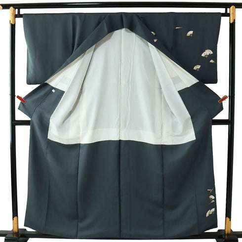 訪問着 リサイクル 身丈155.6cm 裄64.4cm 袷 祇園祭 扇面散らし 山鉾 パールトーン加工 ネイビー Mサイズ お洒落 正絹 広衿 Sランク