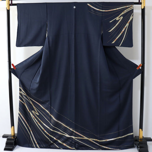 訪問着 リサイクル 身丈168cm 裄62.4cm 袷 デザイン線に熨斗柄 箔 ネイビー LLサイズ セミフォーマル お洒落 一つ紋 正絹 広衿 Sランク
