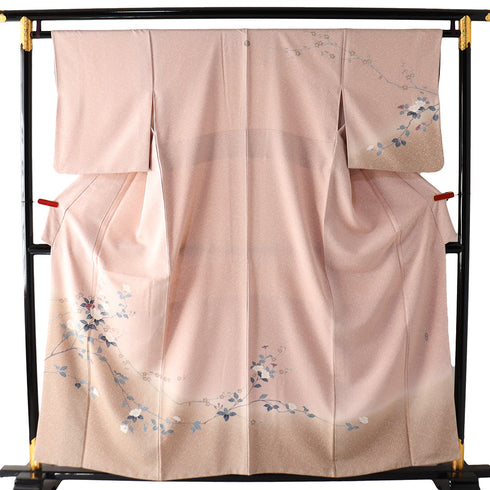 訪問着 リサイクル 身丈156.5cm 裄64.4cm 袷 花枝柄 ピンク Mサイズ セミフォーマル 一つ紋 正絹 広衿 Sランク