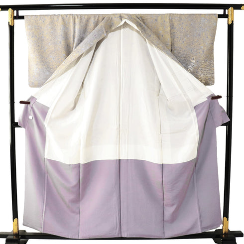 訪問着 リサイクル 身丈155.5cm 裄64.6cm 袷 金銀通し模様 地紋 イエロー Mサイズ お洒落 しつけ糸 正絹 広衿 Sランク