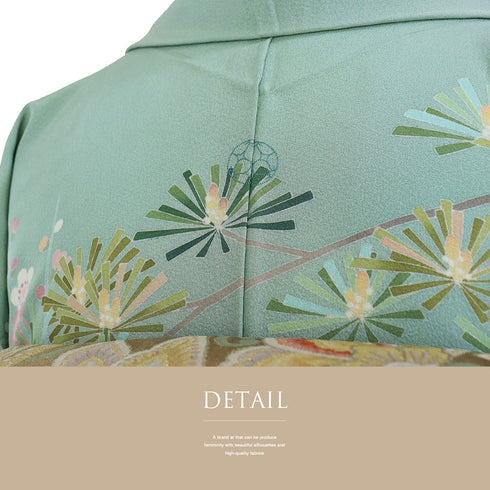 訪問着 リサイクル 身丈162.7cm 裄66.4cm 袷 若松模様 花柄 グリーン Lサイズ セミフォーマル 落款 一つ紋 しつけ糸 正絹 広衿 Aランク