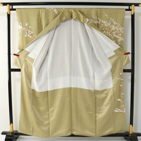 訪問着 リサイクル 身丈156cm 裄63.6cm 袷 たちばなに梅や花木柄 金駒刺繍 イエロー Mサイズ セミフォーマル お洒落 正絹 広衿 Sランク