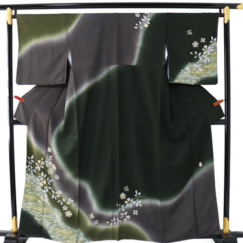 訪問着 リサイクル 身丈157.7cm 裄67.6cm 袷 ぼかしに花柄 金駒刺繍 絞り グリーン Mサイズ お洒落 正絹 広衿 Aランク