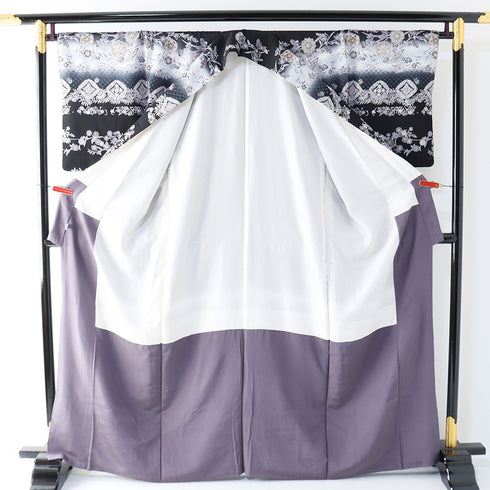 訪問着 リサイクル 身丈165cm 裄68cm 袷 華紋柄 更紗柄 汕頭刺繍 ブラック Lサイズ お洒落 正絹 広衿 Aランク