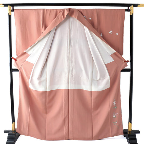 訪問着 リサイクル 身丈162.8cm 裄65.6cm 袷 草花柄 ピンク Lサイズ 正絹 広衿 Sランク