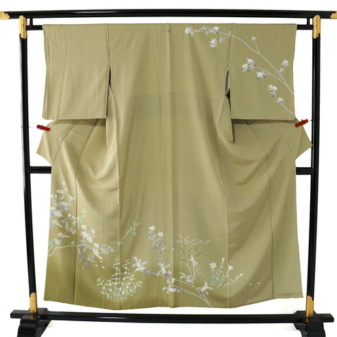 訪問着 リサイクル 身丈150cm 裄62.4cm 袷 草花柄 山﨑巌 グリーン SSサイズ セミフォーマル 落款 一つ紋 正絹 広衿 Sランク