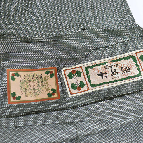 アンサンブル 男物 リサイクル 身丈134.5cm 裄66.4cm 羽織丈86cm 袷 草木染め 紬 グリーン SSサイズ お洒落 カジュアル 証紙 しつけ糸 正絹 棒衿 新品・未使用品