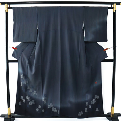 訪問着 リサイクル 身丈153.7cm 裄64cm 袷 縞模様 刺繍 ボカシ柄 藤林徳扇作 多色 Sサイズ お洒落 正絹 広衿 Sランク