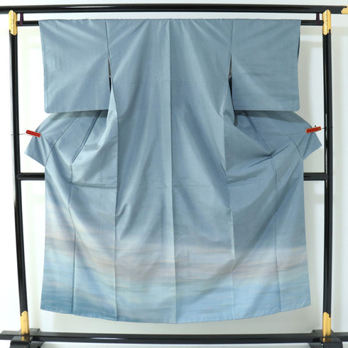 訪問着 リサイクル 身丈149.5cm 裄60.8cm 袷 大島紬 彩大島 染め ぼかし柄 ブルー SSサイズ お洒落 正絹 広衿 Sランク