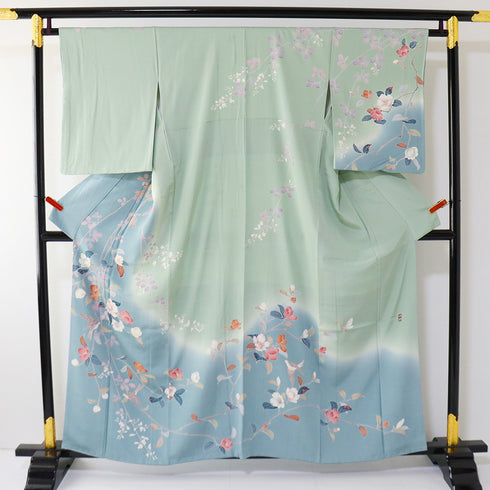 訪問着 リサイクル 身丈158cm 裄64.6cm 袷 花や木や鳥柄 松彩 グリーン Mサイズ フォーマル セミフォーマル 落款 正絹 広衿 Aランク