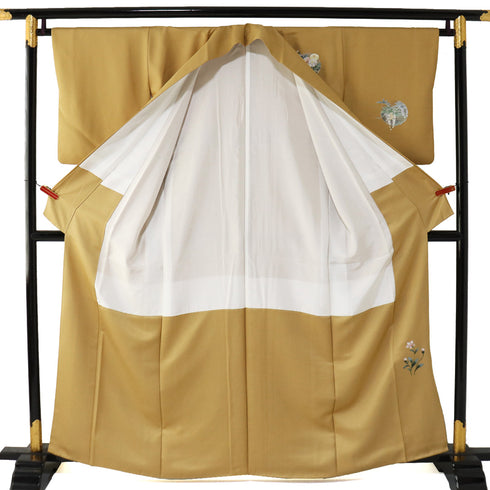 訪問着 リサイクル 身丈160cm 裄64.4cm 袷 雪輪模様 鶴柄 花柄 箔加工 イエロー Mサイズ セミフォーマル お洒落 正絹 広衿 Aランク