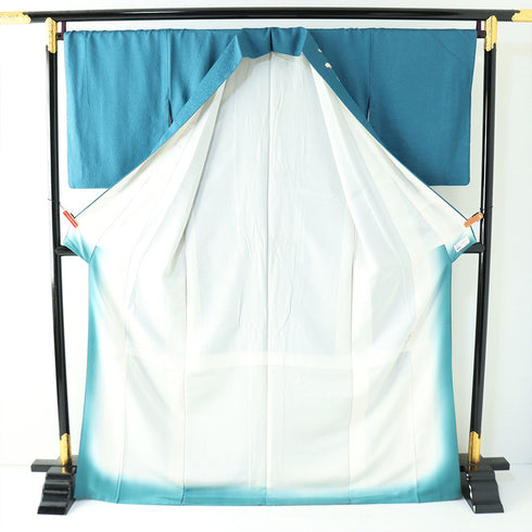 付下げ リサイクル 身丈170.5cm 裄70cm 袷 つる花 てんとう虫 刺繍 地紋 ブルー LLサイズ セミフォーマル お洒落 正絹 広衿 Sランク