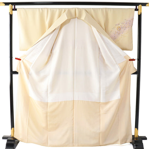 付下げ リサイクル 身丈165.3cm 裄66.4cm 袷 雪輪に枝垂れ桜柄 金駒刺繍 箔 ベージュ Lサイズ フォーマル セミフォーマル しつけ糸 正絹 広衿 Sランク