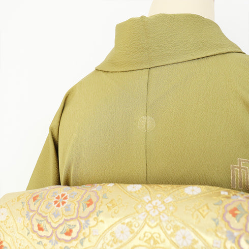 付下げ リサイクル 身丈158cm 裄65.6cm 袷 源氏香に花枝柄 箔 地紋 グリーン Mサイズ セミフォーマル お洒落 一つ紋 正絹 広衿 Aランク