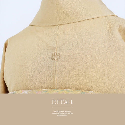 色無地 リサイクル 身丈156.5cm 裄65.8cm 袷 扇面流し柄 松尾光琳 ブラウン Mサイズ フォーマル セミフォーマル 落款 一つ紋 しつけ糸 正絹 広衿 Sランク