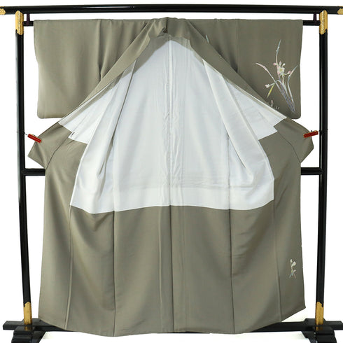 訪問着 リサイクル 身丈155.3cm 裄63.8cm 袷 京加賀友禅 百貫石峰作 パールトーン加工 花籠柄 グレー Sサイズ フォーマル セミフォーマル 一つ紋 正絹 広衿 Sランク