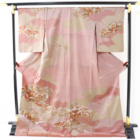 訪問着 リサイクル 身丈170.5cm 裄68cm 袷 雲取り柄 四季草花柄 皇室献上作家 藤井寛 金駒刺繍 箔加工 ピンク LLサイズ セミフォーマル お洒落 一つ紋 正絹 広衿 Aランク