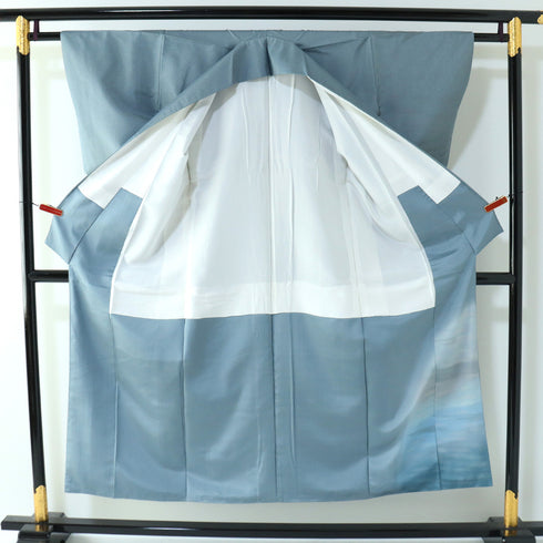 訪問着 リサイクル 身丈149.5cm 裄60.8cm 袷 大島紬 彩大島 染め ぼかし柄 ブルー SSサイズ お洒落 正絹 広衿 Sランク