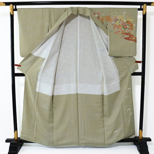 訪問着 リサイクル 身丈157cm 裄65.2cm 袷 松井清々 箔 松竹梅柄 グリーン Mサイズ セミフォーマル 落款 正絹 広衿 Sランク