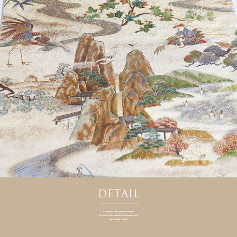 袋帯 リサイクル 帯丈450cm 全通 風景、七福神や風神雷神など 箔 リバーシブル 招福千寿文 ゴールド Lサイズ 正絹 Sランク フォーマル セミフォーマル