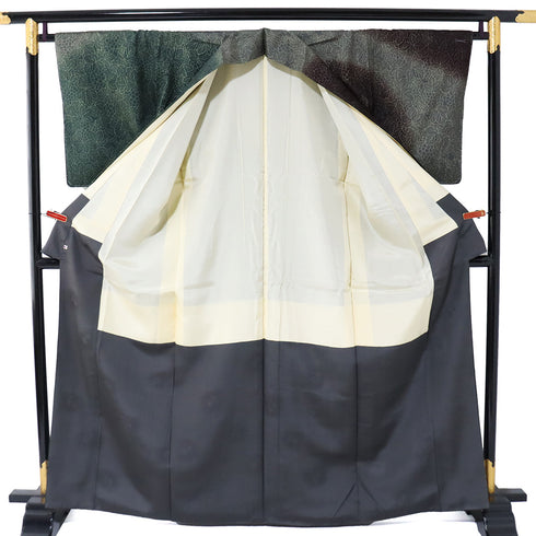 訪問着 リサイクル 身丈163.8cm 裄66.4cm 袷 結城紬 葡萄柄 グリーン Lサイズ お洒落 正絹 広衿 Sランク