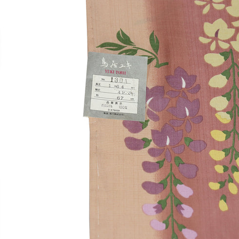 浴衣 リサイクル 夏着物 身丈164cm 裄67cm 夏物 透け感あり 既製品 鳥居ユキ 藤の花 縦ぼかし柄 ピンク Lサイズ カジュアル お洒落 しつけ糸 ポリエステル 洗える着物 バチ衿 新品・未使用品