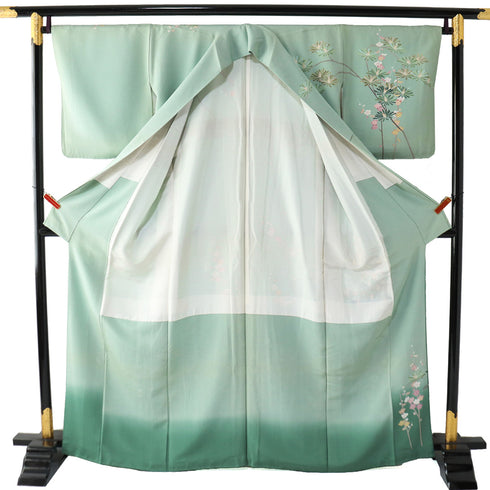 訪問着 リサイクル 身丈162.7cm 裄66.4cm 袷 若松模様 花柄 グリーン Lサイズ セミフォーマル 落款 一つ紋 しつけ糸 正絹 広衿 Aランク