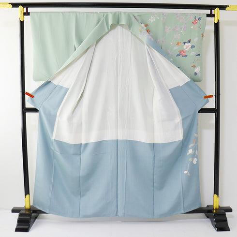 訪問着 リサイクル 身丈158cm 裄64.6cm 袷 花や木や鳥柄 松彩 グリーン Mサイズ フォーマル セミフォーマル 落款 正絹 広衿 Aランク