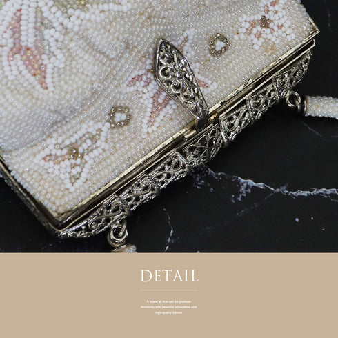 バッグ リサイクル カジュアル アイボリー ビーズ Bランク 花柄 横幅18cm 高さ14cm マチ5cm