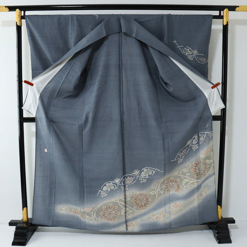 訪問着 リサイクル 夏着物 身丈162cm 裄66cm 夏物 花・葡萄柄 紬 グレー Lサイズ フォーマル 一つ紋 正絹 広衿 Bランク