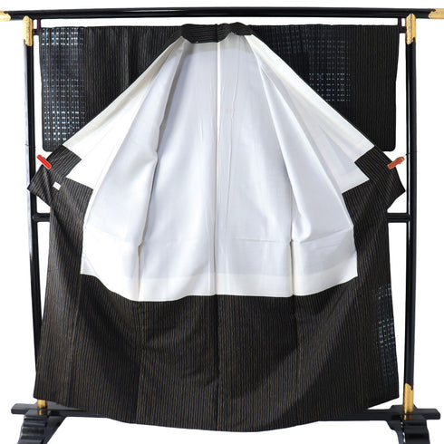 訪問着 リサイクル 身丈160.8cm 裄69.8cm 袷 染め紬 縞模様 水玉模様 絞り ブラック Lサイズ お洒落 カジュアル 正絹 広衿 Aランク