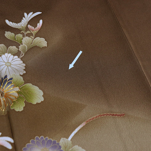 付下げ リサイクル 身丈168cm 裄69.6cm 袷 牡丹 四季花 プラチナガード加工 金駒刺繍 花井幸子作 ブラウン LLサイズ セミフォーマル お洒落 三つ紋 正絹 広衿 Aランク