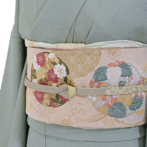 袋帯 リサイクル 帯丈464cm 全通 雪輪に花柄 蔦柄 ゴールド LLサイズ 正絹 未使用品 フォーマル セミフォーマル