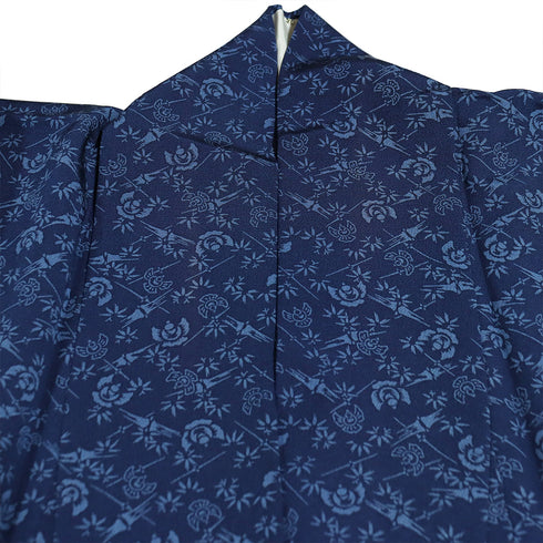 訪問着 リサイクル 身丈156.2cm 裄64.4cm 袷 竹に雀や花模様 ネイビー Mサイズ お洒落 正絹 広衿 Aランク