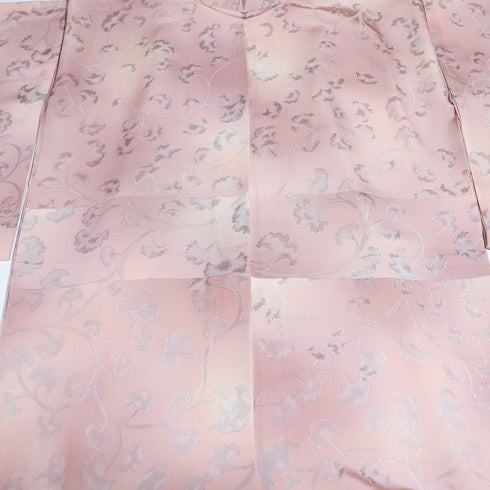 小紋 リサイクル 身丈165.6cm 裄67.6cm 袷 地紋色彩 イチョウ柄 ボカシ模様 ピンク LLサイズ お洒落 正絹 広衿 Bランク