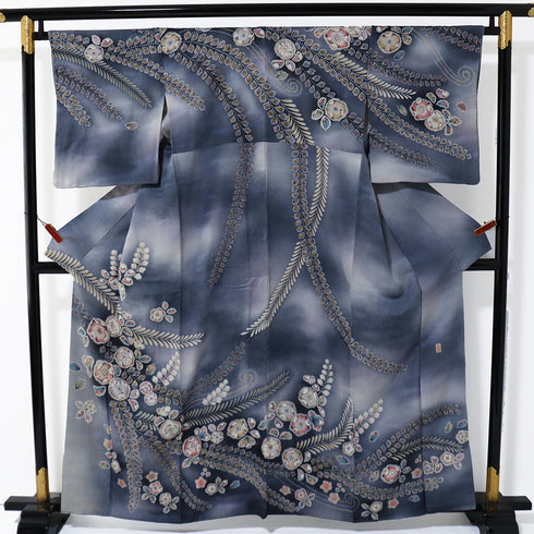 リサイクル 身丈159.5cm 裄66cm 袷 辻ヶ花 ぼかし ブルー Mサイズ お洒落 落款 正絹 広衿 Sランク