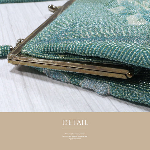 ビーズバック グリーン 花柄 お洒落 カジュアル 横幅22.5cm 高さ13cm マチ3.5cm Aランク 和装小物 ZO-87