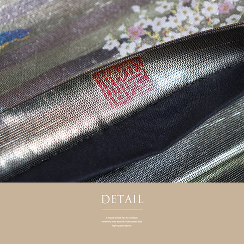 袋帯 リサイクル 帯丈440cm 六通 ポイント柄 平安絵巻柄 西陣織 貴秀螺鈿 シルバー Mサイズ 正絹 新品・未使用品 フォーマル