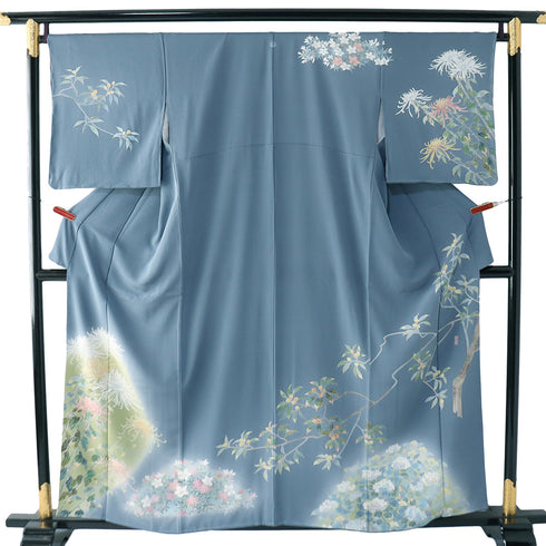 訪問着 リサイクル 身丈156cm 裄67.2cm 袷 菊やあじさい柄 芳翠柄 ブルー Mサイズ フォーマル セミフォーマル 一つ紋 正絹 広衿 Sランク