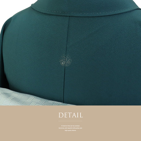 色無地 リサイクル 身丈158cm 裄62.8cm 袷 花井幸子の色 グリーン Mサイズ セミフォーマル 落款 一つ紋 しつけ糸 正絹 広衿 地紋なし Sランク