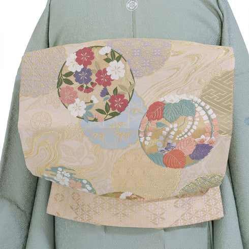 袋帯 リサイクル 帯丈464cm 全通 雪輪に花柄 蔦柄 ゴールド LLサイズ 正絹 未使用品 フォーマル セミフォーマル