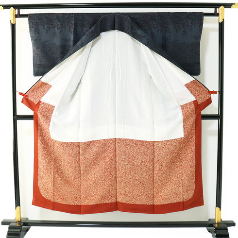 付下げ リサイクル 袷 付下げ小紋柄 紅型調柄 ネイビー 規格外サイズ お洒落 正絹 広衿