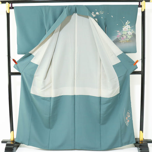 訪問着 リサイクル 身丈161.2cm 裄65.4cm 袷 四季花模様 箔加工 グリーン Lサイズ セミフォーマル お洒落 正絹 広衿 Sランク