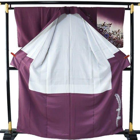 訪問着 リサイクル 身丈161cm 裄64cm 袷 辻ヶ花模様 後絞り 箔加工 松本孝美作 パープル Lサイズ お洒落 落款 しつけ糸 正絹 広衿 Sランク