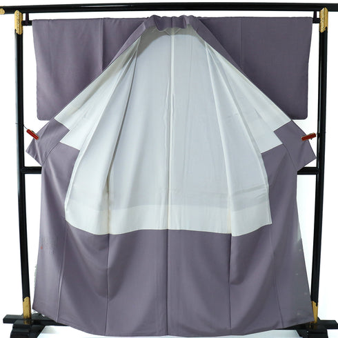 訪問着 リサイクル 身丈159cm 裄66.4cm 袷 紬 ゆったりサイズ 源氏香柄 青海派模様 松尾光琳作 パープル Mサイズ お洒落 落款 しつけ糸 正絹 広衿 Sランク